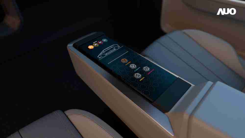 PG国际以人性化设计打造多变形态中控显示(Morphing Center Control)，，不使用时仅平面显示信息，，，进行操作时，，显示器则会动态隆起，，转变成3D实体按钮，，，并有触觉回馈，，展示人机互动新体验