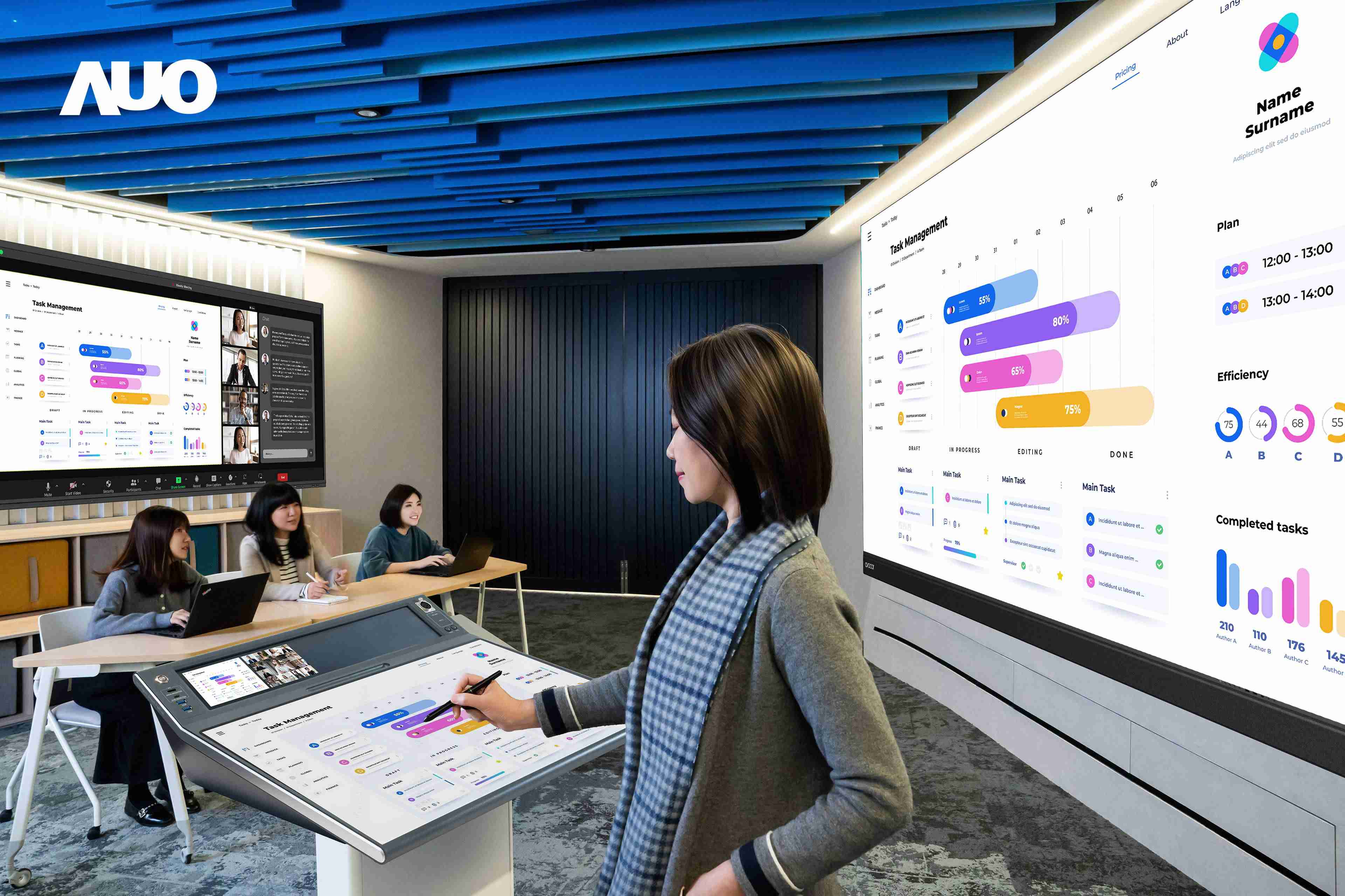 达擎携手Avocor与Rise Vision展示全方位商务领域应用，，，，包含采用模块化设计的138吋一体式All-in-One LED显示器及具21:9超宽比例的92吋交互式电子白板（IFPD），，，，讲者可轻松分享内容，，，有效提升会议协作效率。。。